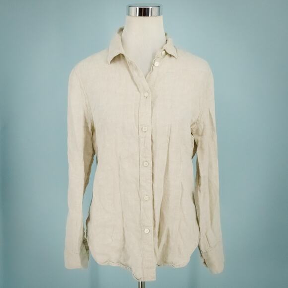 J. Crew Size Small S Tan Beige Slim Fit Linen Collared Button Long Sleeve Top - Picture 1 of 6